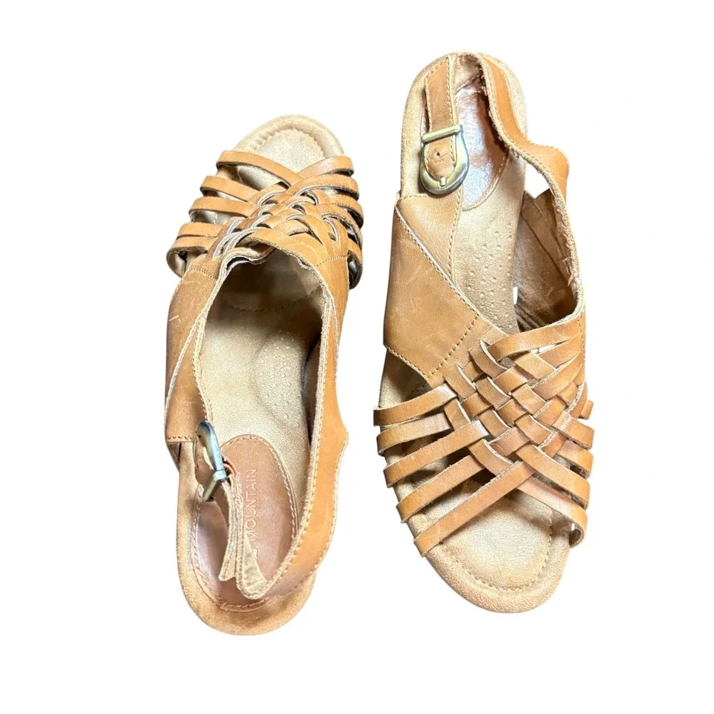 White‎ Mountain Tan Leather Woven Wedge Sandals Womens 10M Slingback Low Heel